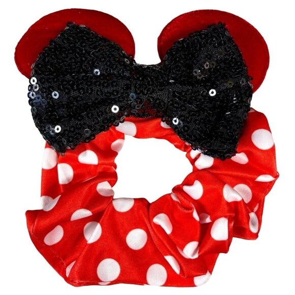 Minnie Mouse Ears Hair Scrunchies Hair Rubber Band Black Sequins Bow Polka Dot - Picture 1 of 9